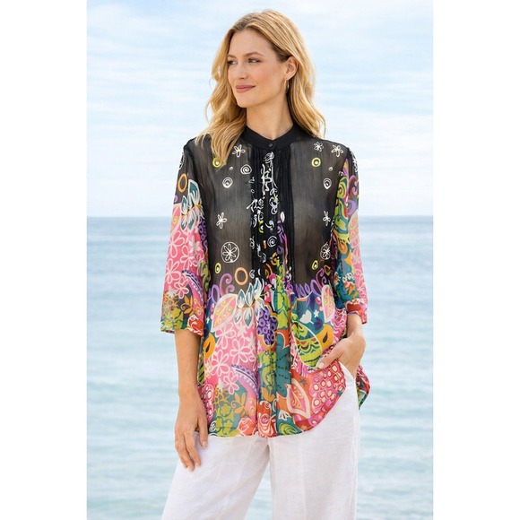 Soft Surroundings Tops - Soft Surroundings Black Sheer Floral Boho Tunic Blouse Sz L Colorful Artsy Chic